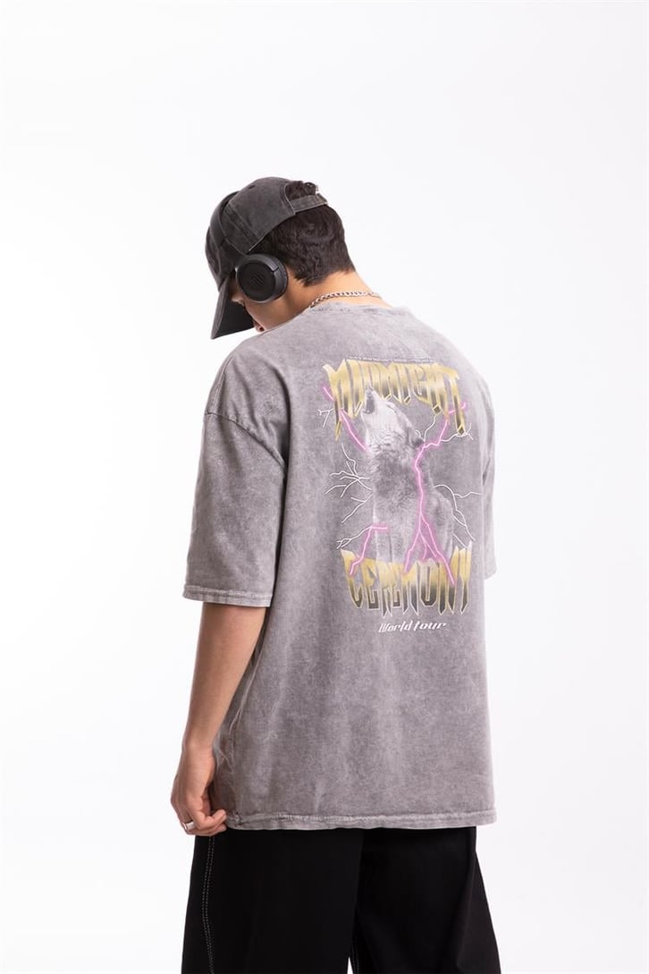Midnight Ceremony Sırt Baskılı Acid Wash Oversize Tshirt
