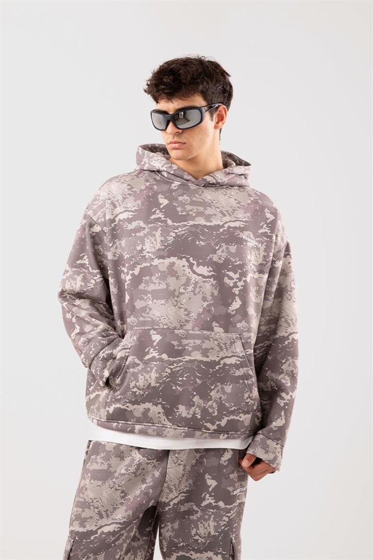 Military Desenli Oversize Bej Eşofman Takımı