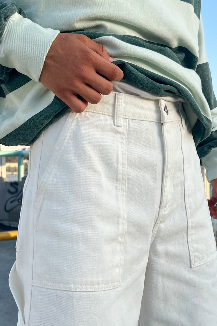 Mini Cep Detay Ekru Baggy Jean