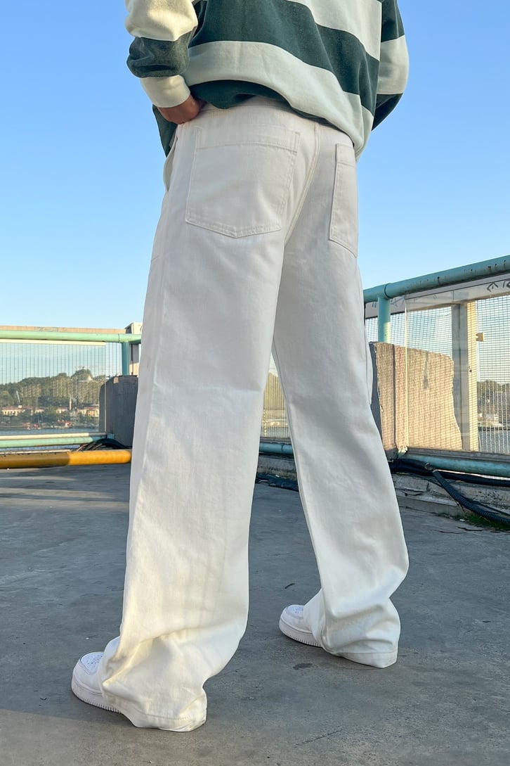 Mini Cep Detay Ekru Baggy Jean