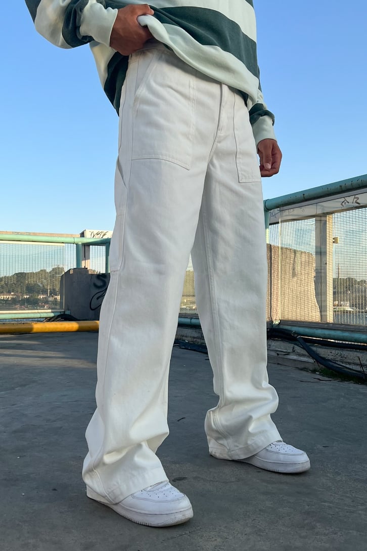 Mini Cep Detay Ekru Baggy Jean