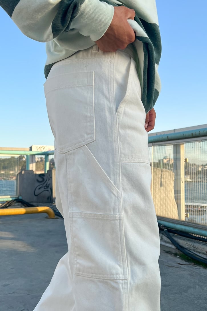 Mini Cep Detay Ekru Baggy Jean