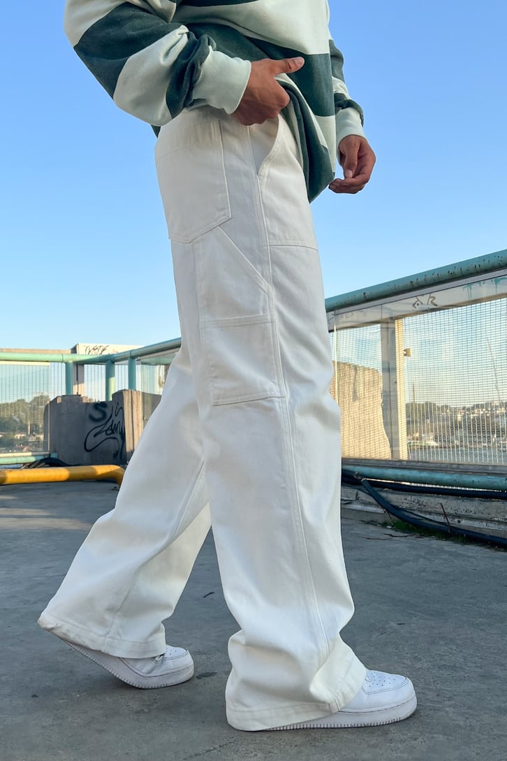 Mini Cep Detay Ekru Baggy Jean