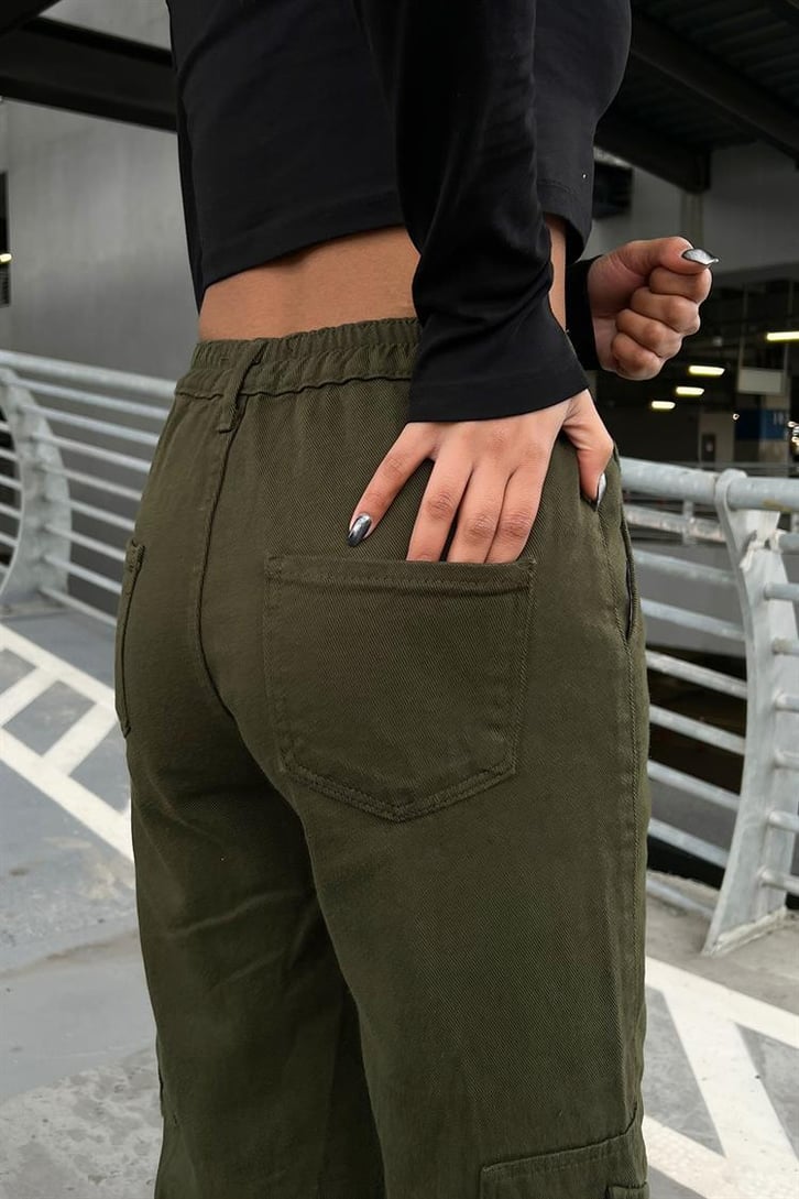 Mini Cep Detay Kadın Haki Baggy Pantolon