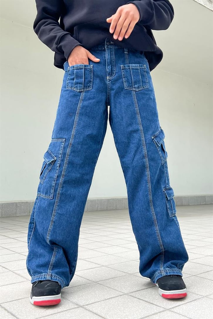 Mini Cep Detay Mavi Baggy Jean