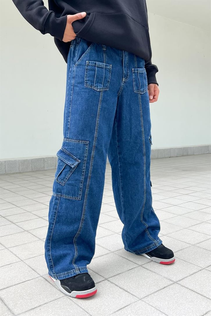 Mini Cep Detay Mavi Baggy Jean