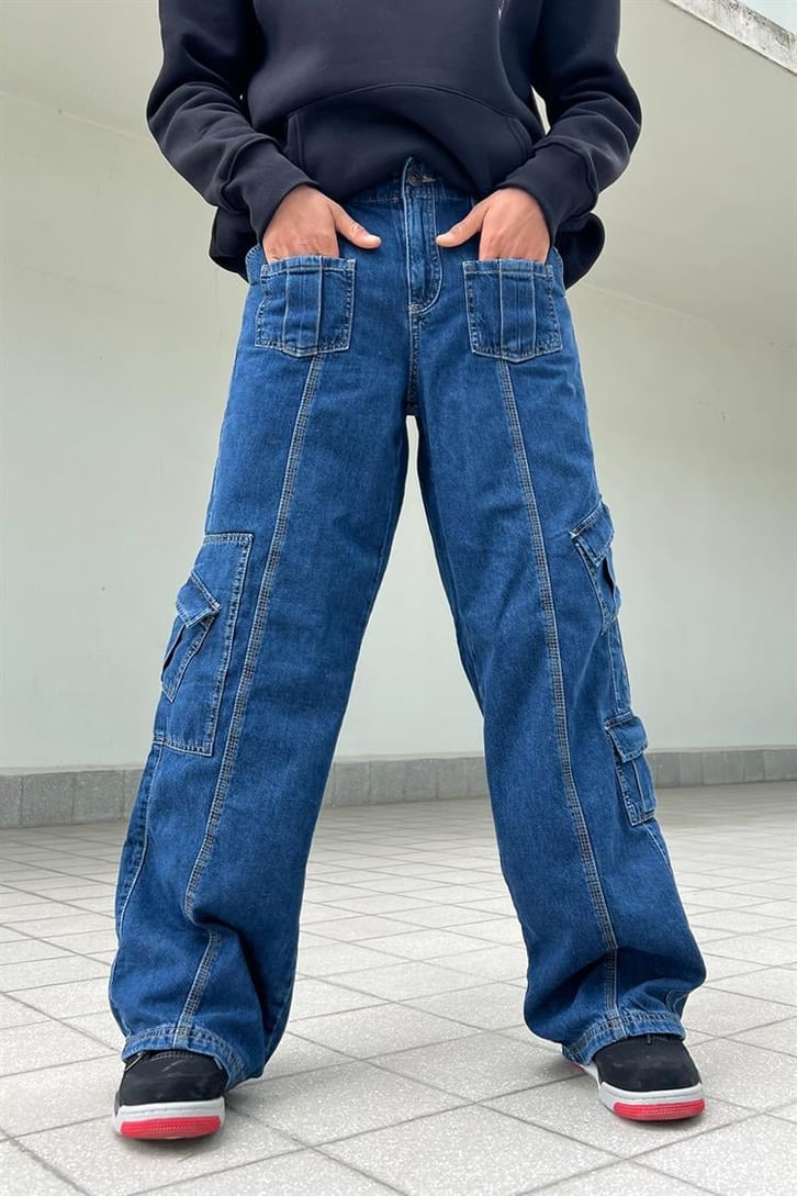 Mini Cep Detay Mavi Baggy Jean