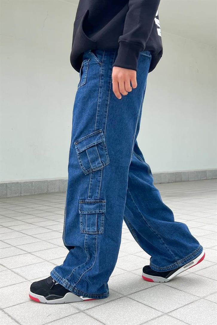Mini Cep Detay Mavi Baggy Jean