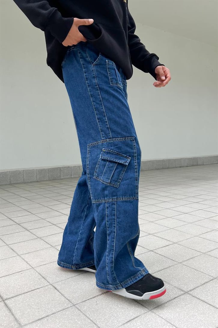 Mini Cep Detay Mavi Baggy Jean