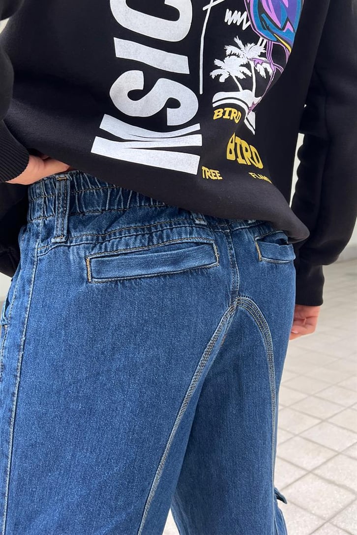 Mini Cep Detay Mavi Baggy Jean