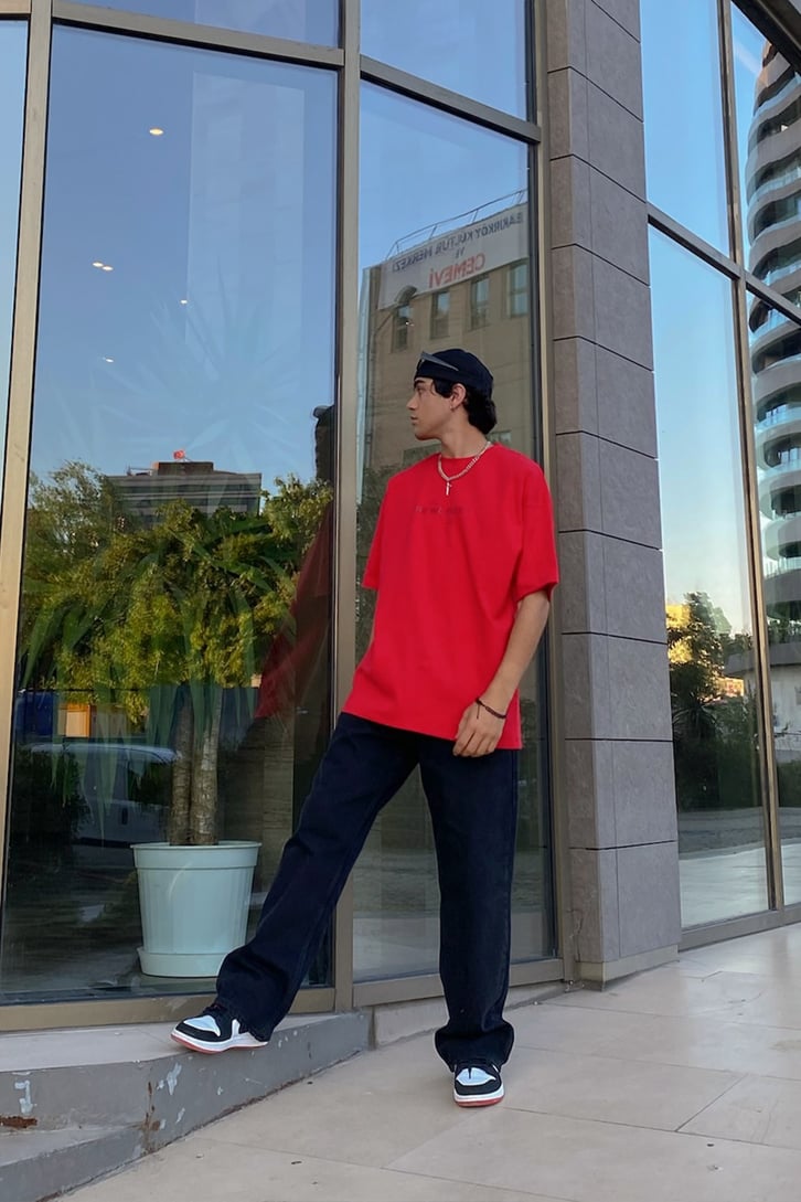 Mini Chest Baskılı Kırmızı Oversize Tshirt