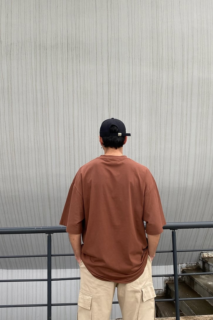 Mini Chest Logo Printed Oversize Kahverengi Tshirt