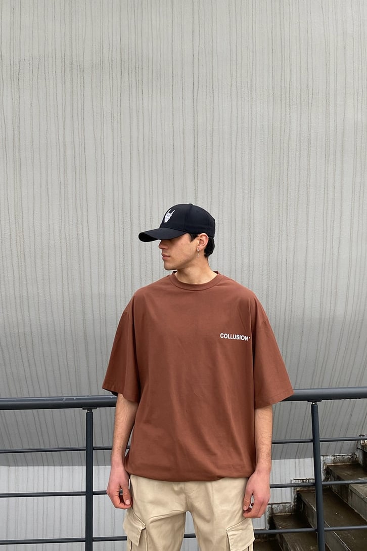 Mini Chest Logo Printed Oversize Kahverengi Tshirt