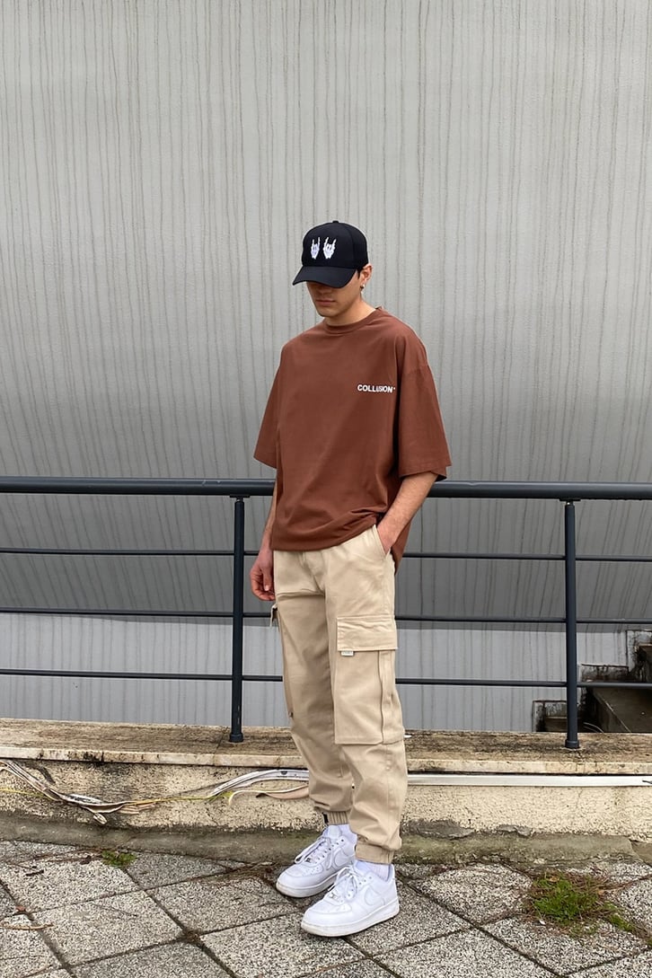 Mini Chest Logo Printed Oversize Kahverengi Tshirt