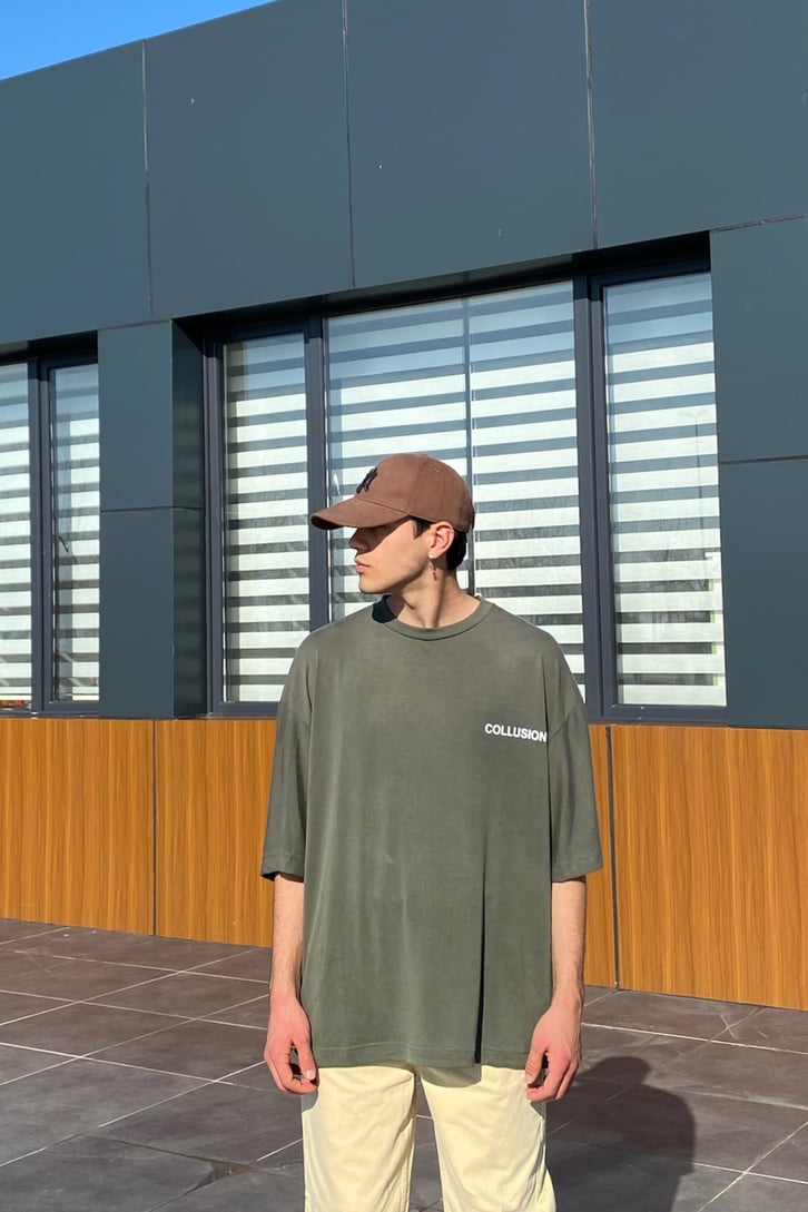 Mini Chest Logo Printed Oversize Khaki Tshirt