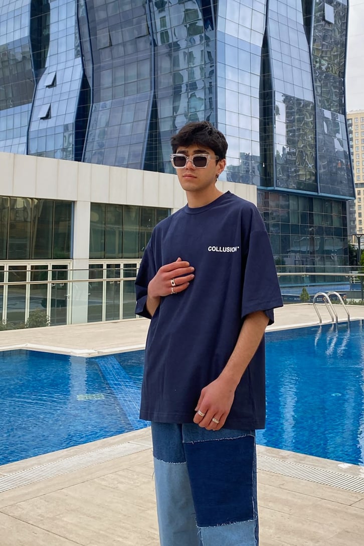 Mini Chest Logo Printed Oversize Navy Blue Tshirt