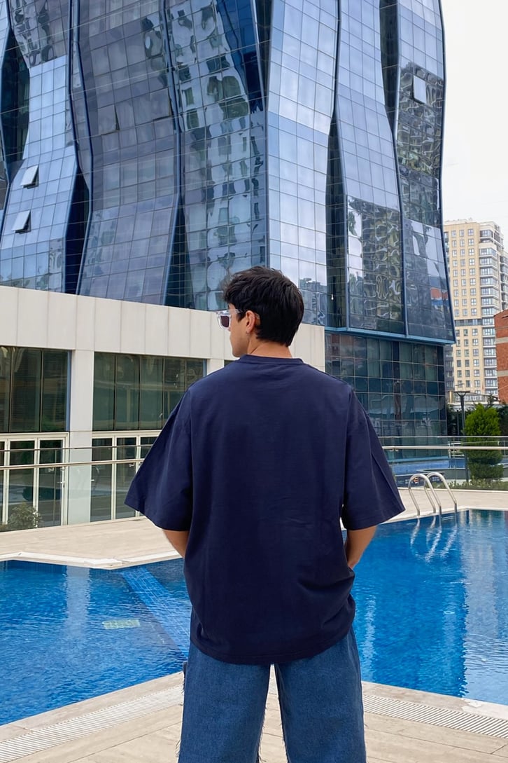 Mini Chest Logo Printed Oversize Navy Blue Tshirt