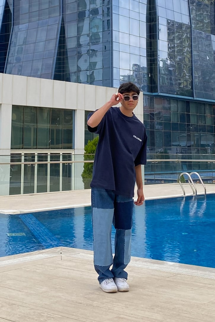 Mini Chest Logo Printed Oversize Navy Blue Tshirt