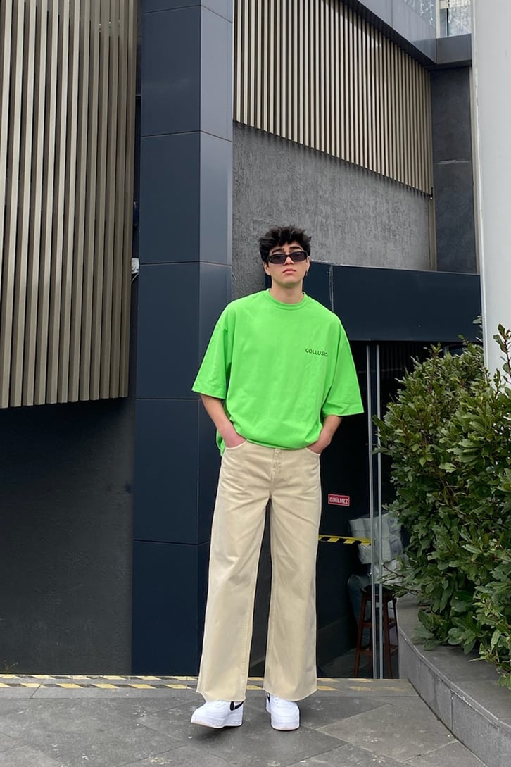 Mini Chest Logo Printed Oversize Neon Green Tshirt