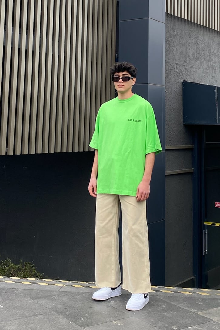 Mini Chest Logo Printed Oversize Neon Green Tshirt