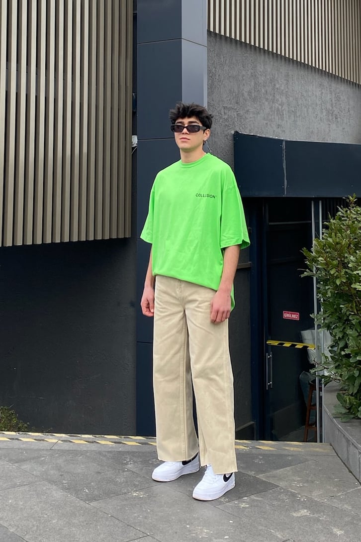 Mini Chest Logo Printed Oversize Neon Green Tshirt