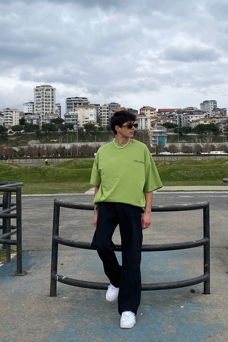 Mini Chest Logo Printed Oversize Yeşil Tshirt