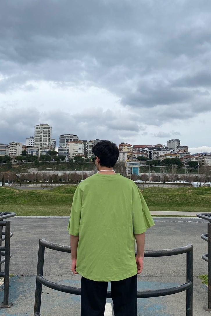 Mini Chest Logo Printed Oversize Yeşil Tshirt