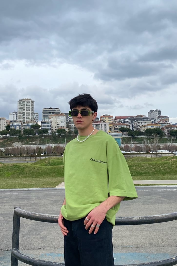 Mini Chest Logo Printed Oversize Yeşil Tshirt