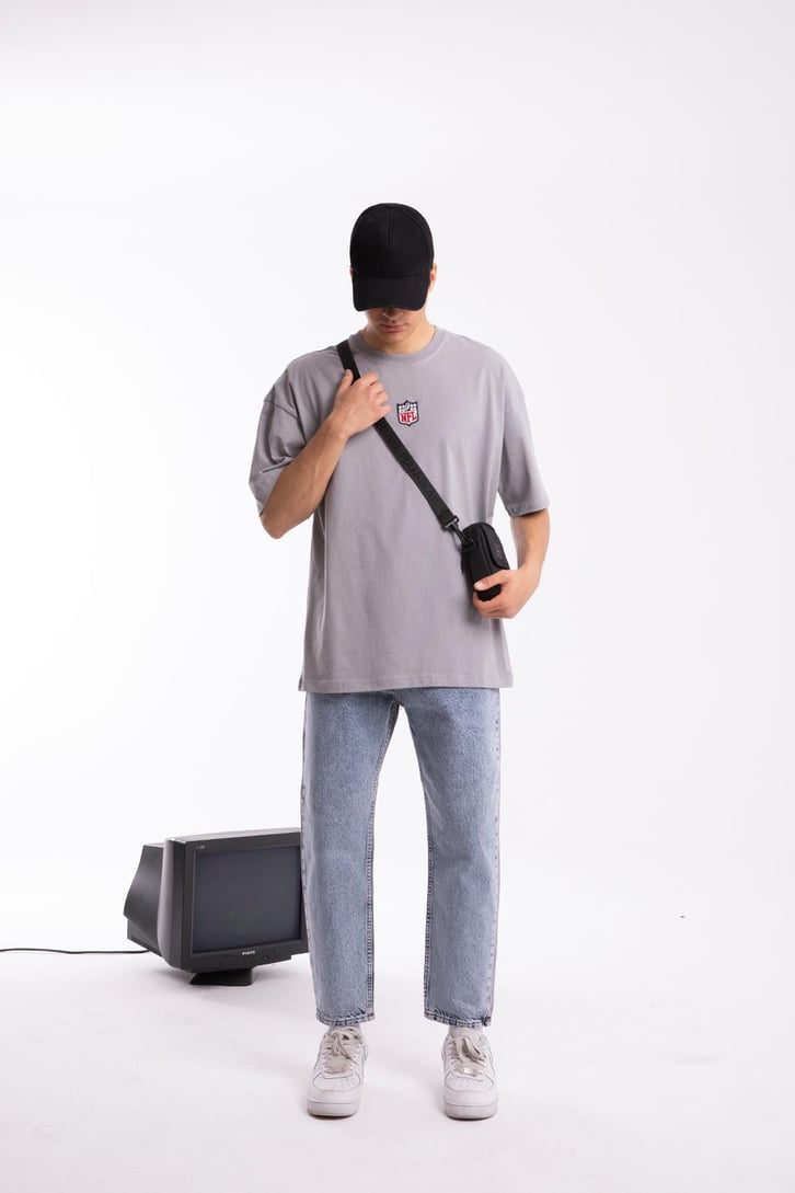 Mini Logo Nakışlı Buz Gri Oversize Tshirt