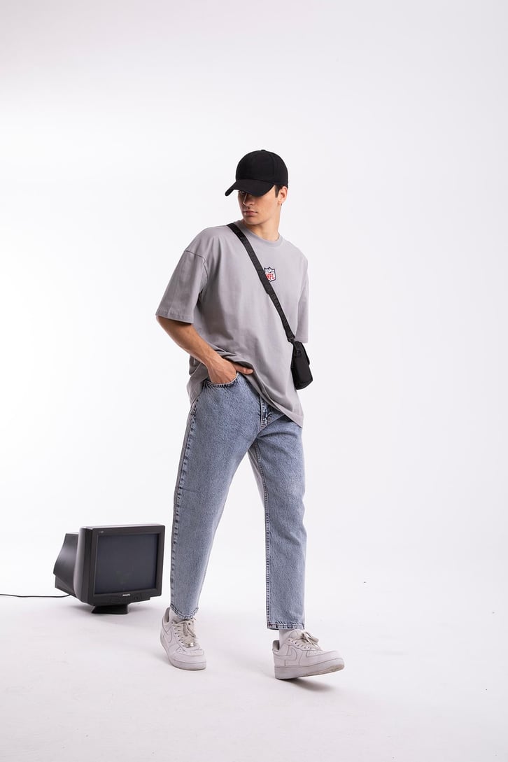 Mini Logo Nakışlı Buz Gri Oversize Tshirt