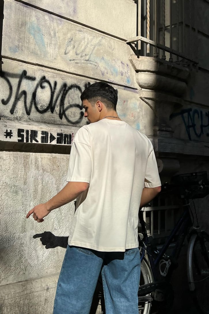 Mini Logo Nakışlı Taş Rengi Oversize Tshirt