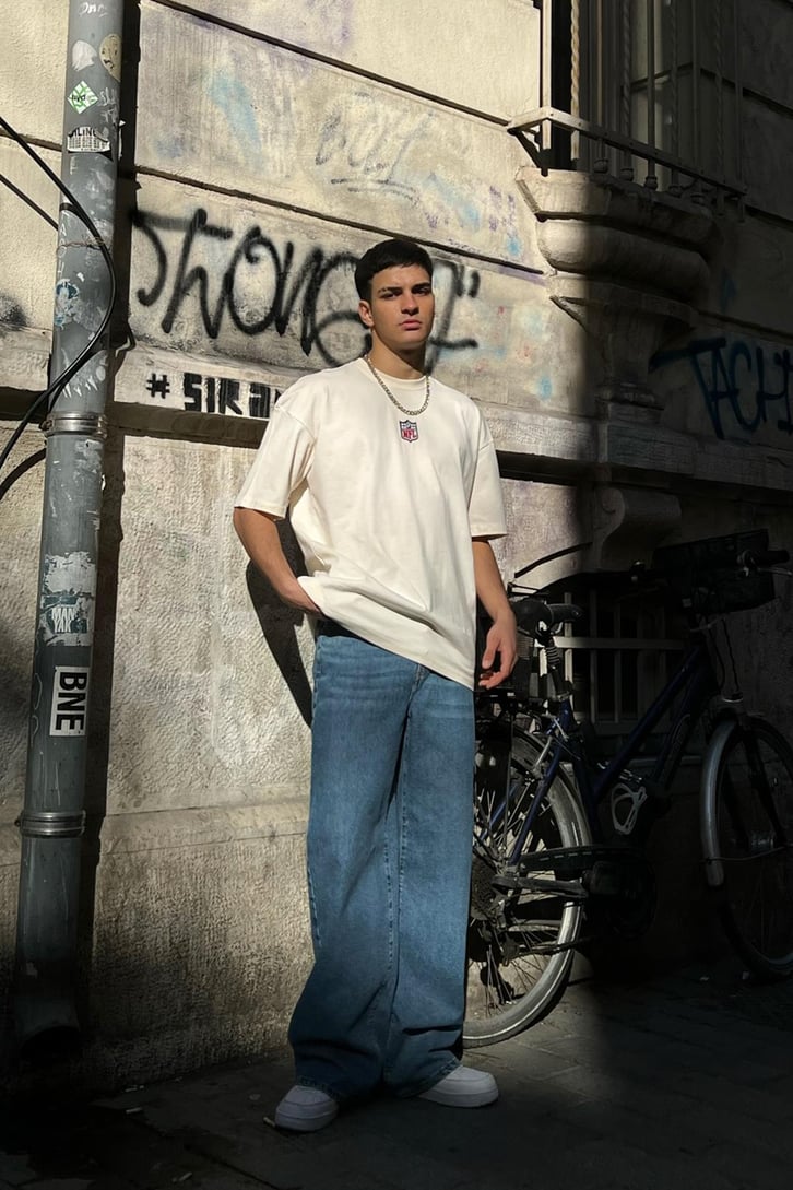 Mini Logo Nakışlı Taş Rengi Oversize Tshirt