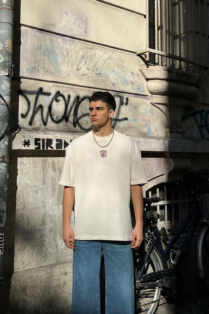 Mini Logo Nakışlı Taş Rengi Oversize Tshirt