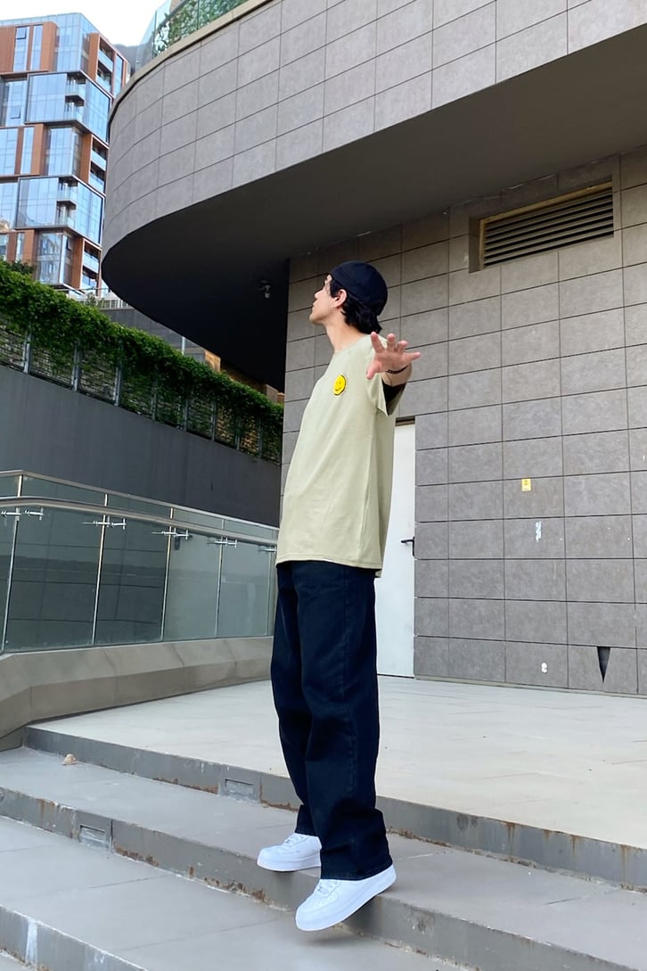 Mini Smile Baskılı Çam Yeşili Oversize Tshirt