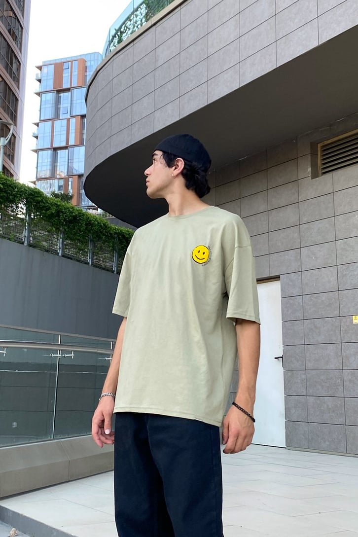 Mini Smile Baskılı Çam Yeşili Oversize Tshirt