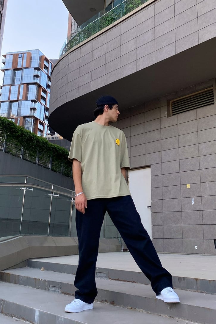 Mini Smile Baskılı Çam Yeşili Oversize Tshirt