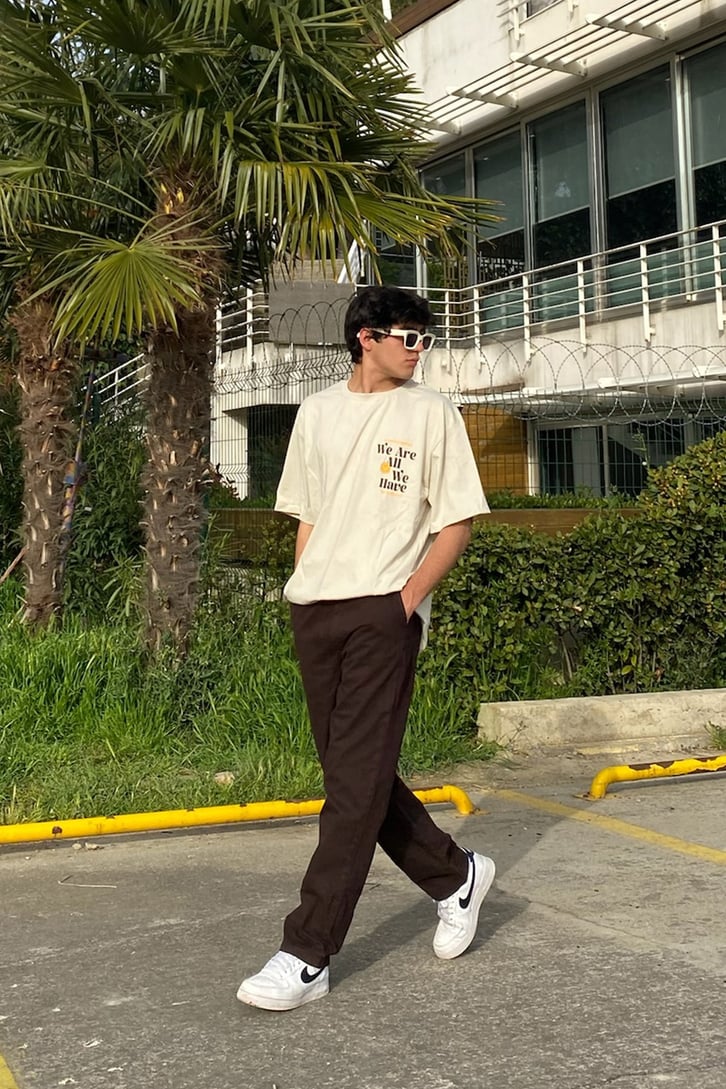 Mini Smiley Baskılı Açık Kahve Oversize Tshirt