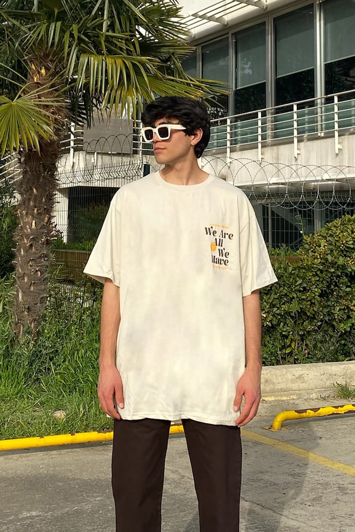 Mini Smiley Baskılı Açık Kahve Oversize Tshirt