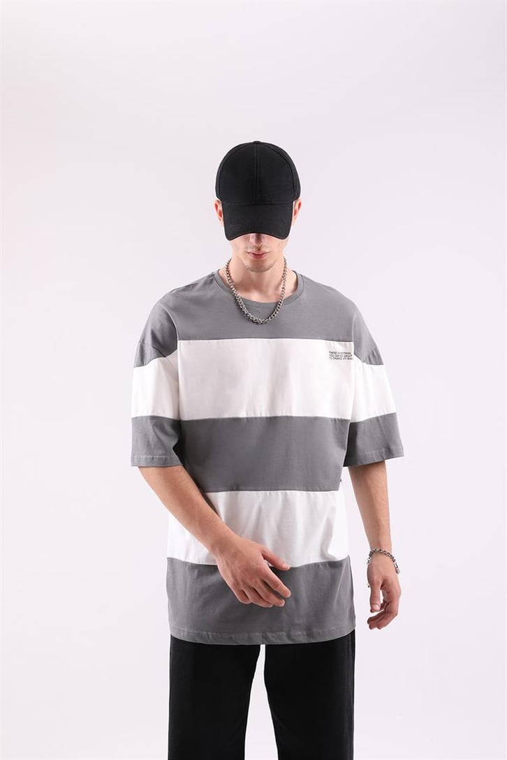 Mini Text Baskılı Çizgili Oversize Tshirt