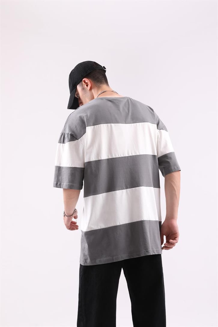 Mini Text Baskılı Çizgili Oversize Tshirt
