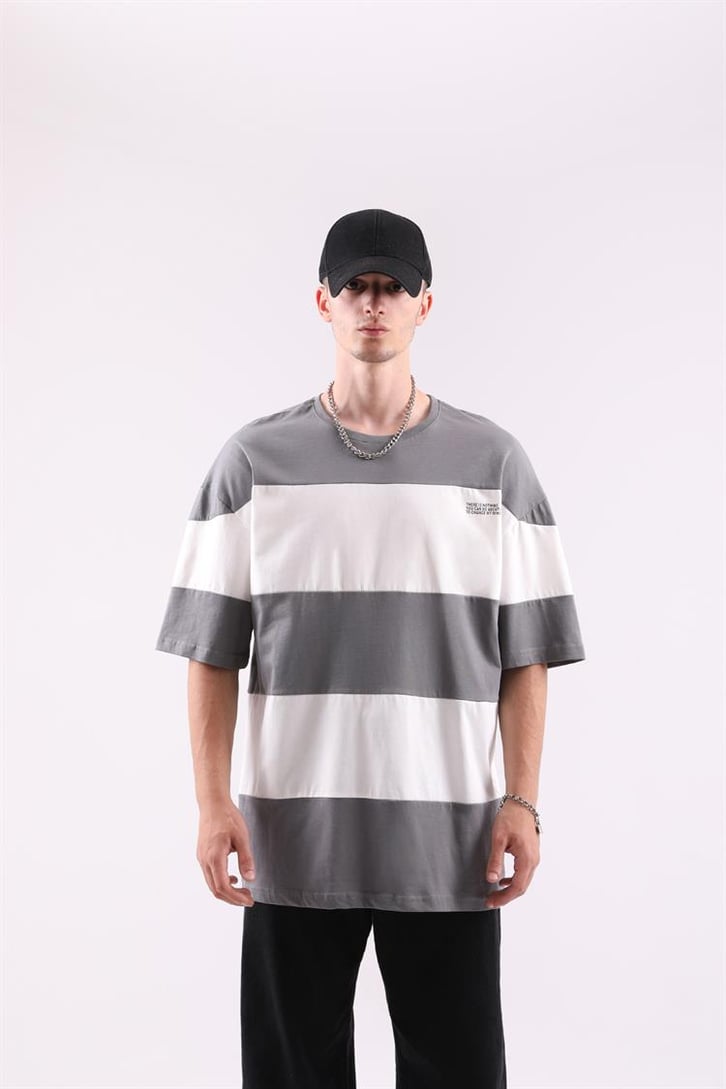 Mini Text Baskılı Çizgili Oversize Tshirt