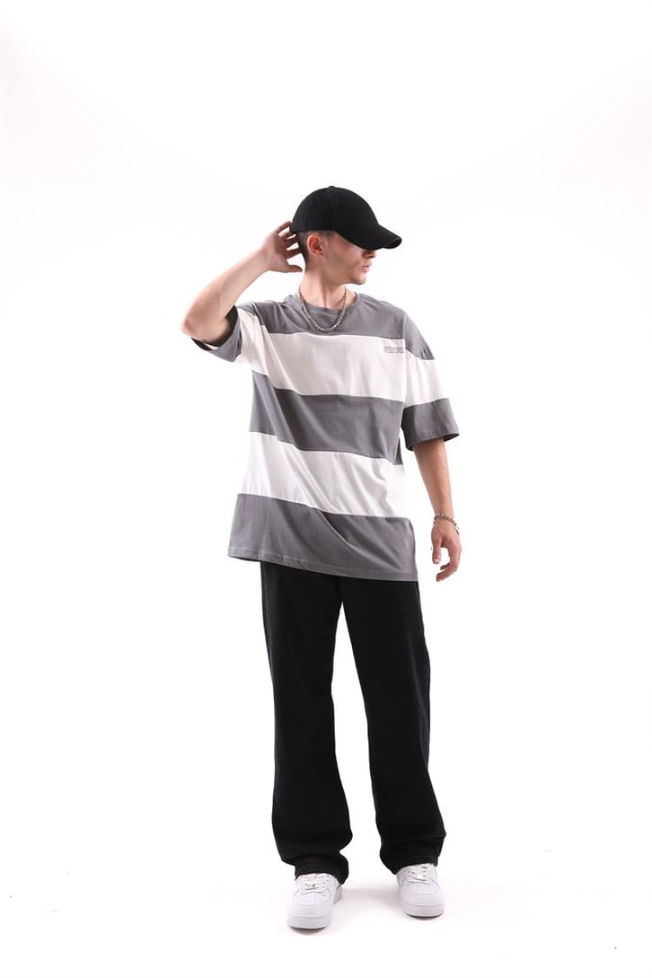 Mini Text Baskılı Çizgili Oversize Tshirt