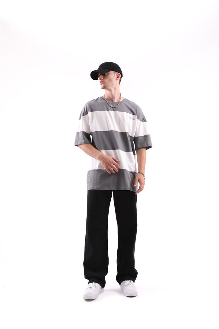 Mini Text Baskılı Çizgili Oversize Tshirt