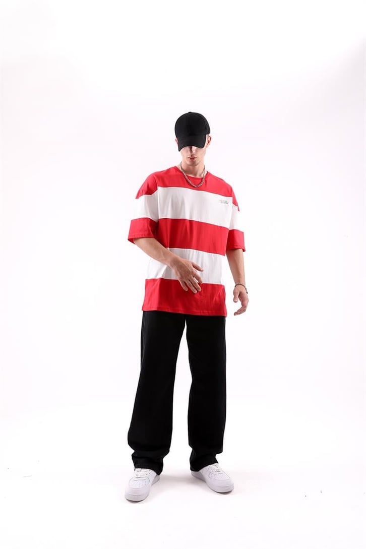 Mini Text Baskılı Çizgili Oversize Tshirt
