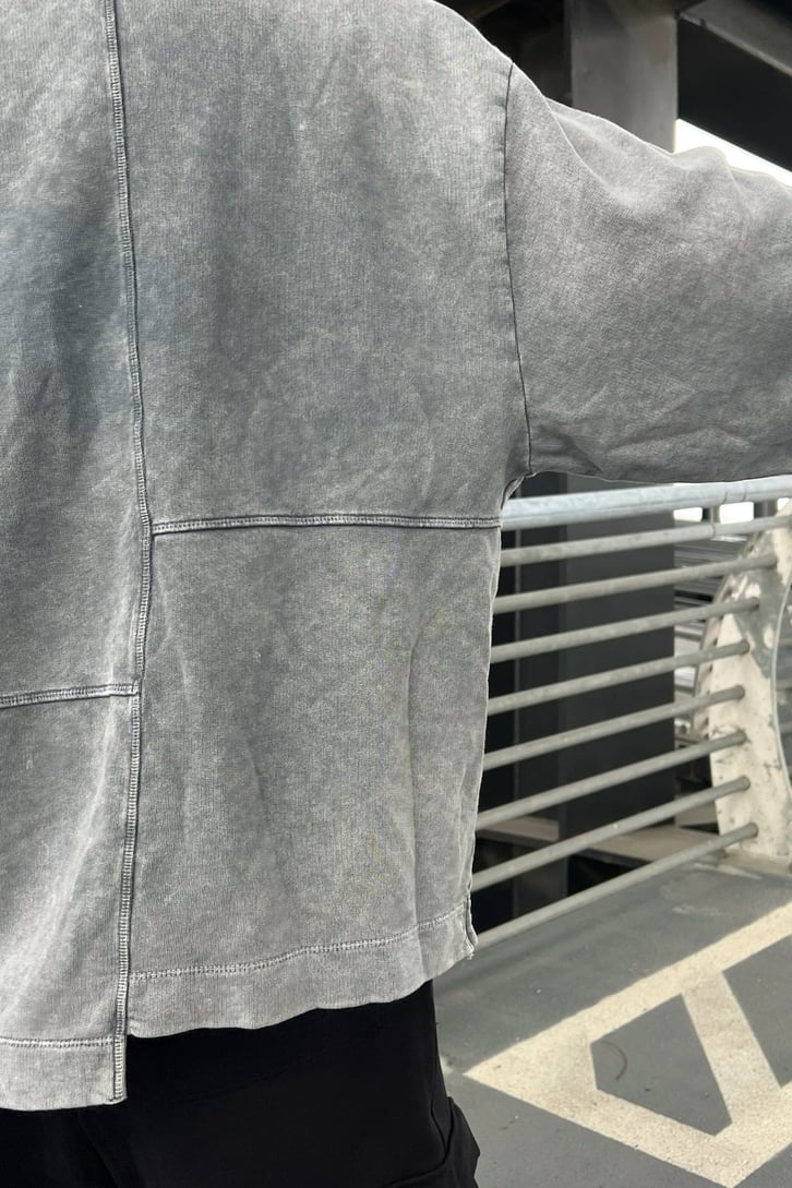 Mini Text Baskılı Gri Acid Wash Oversize Sweatshirt