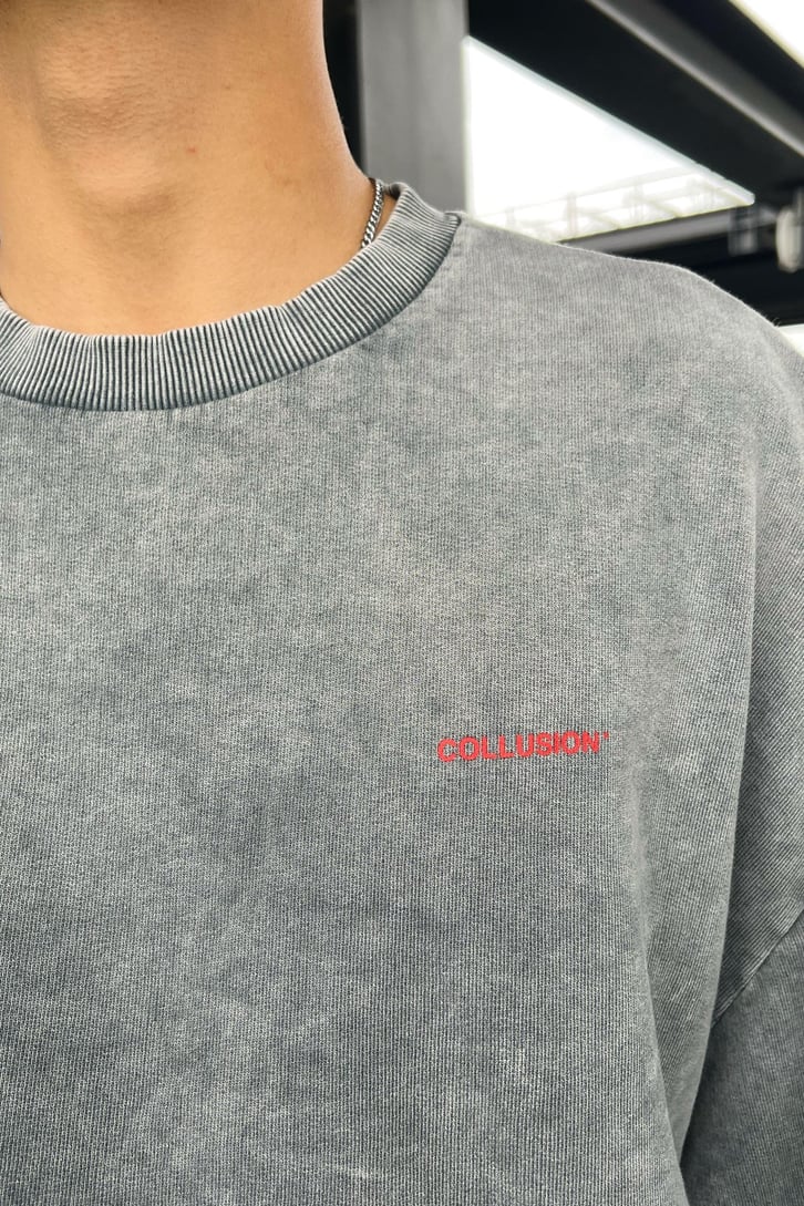 Mini Text Baskılı Gri Acid Wash Oversize Sweatshirt
