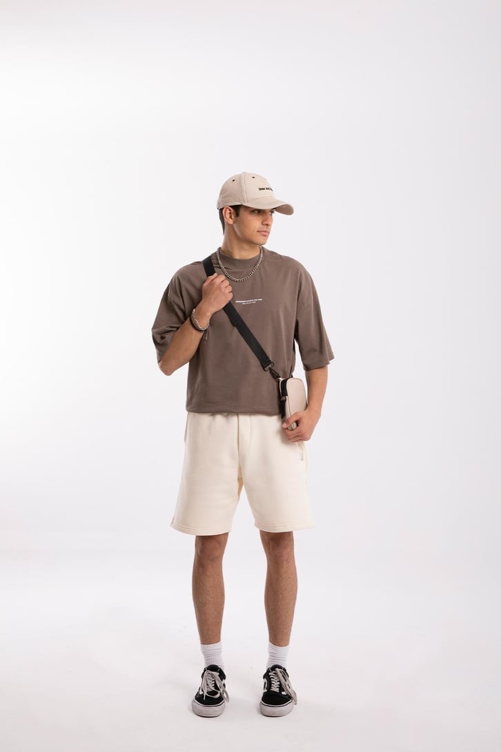Mini Text Baskılı Vizon Oversize Tshirt