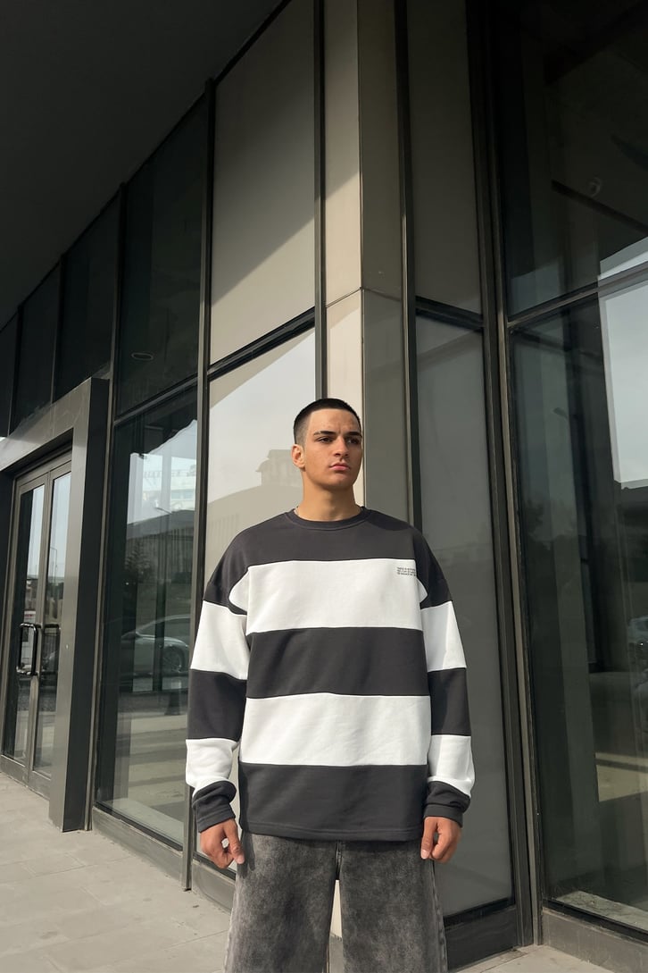 Mini Text Çizgili Füme Oversize Sweatshirt