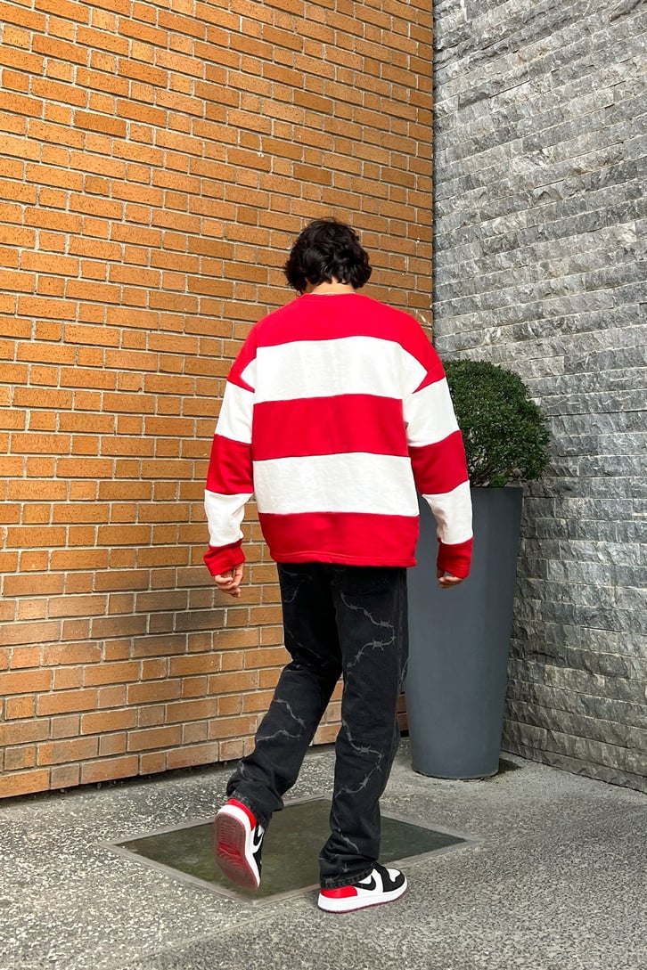 Mini Text Çizgili Oversize Sweatshirt