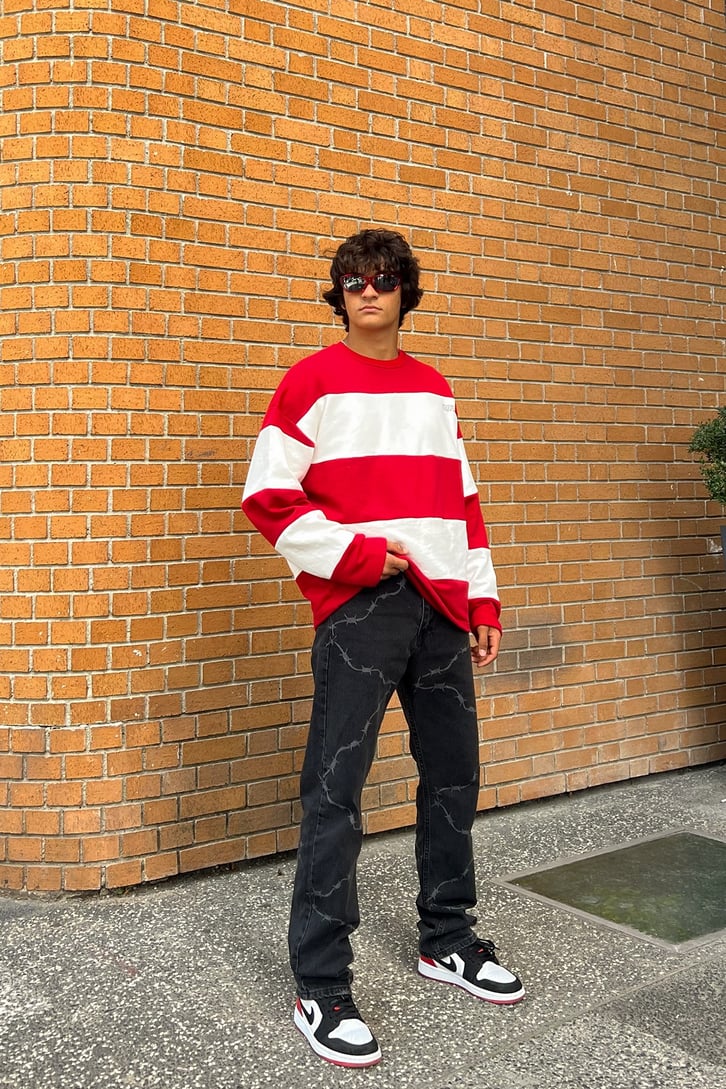Mini Text Çizgili Oversize Sweatshirt
